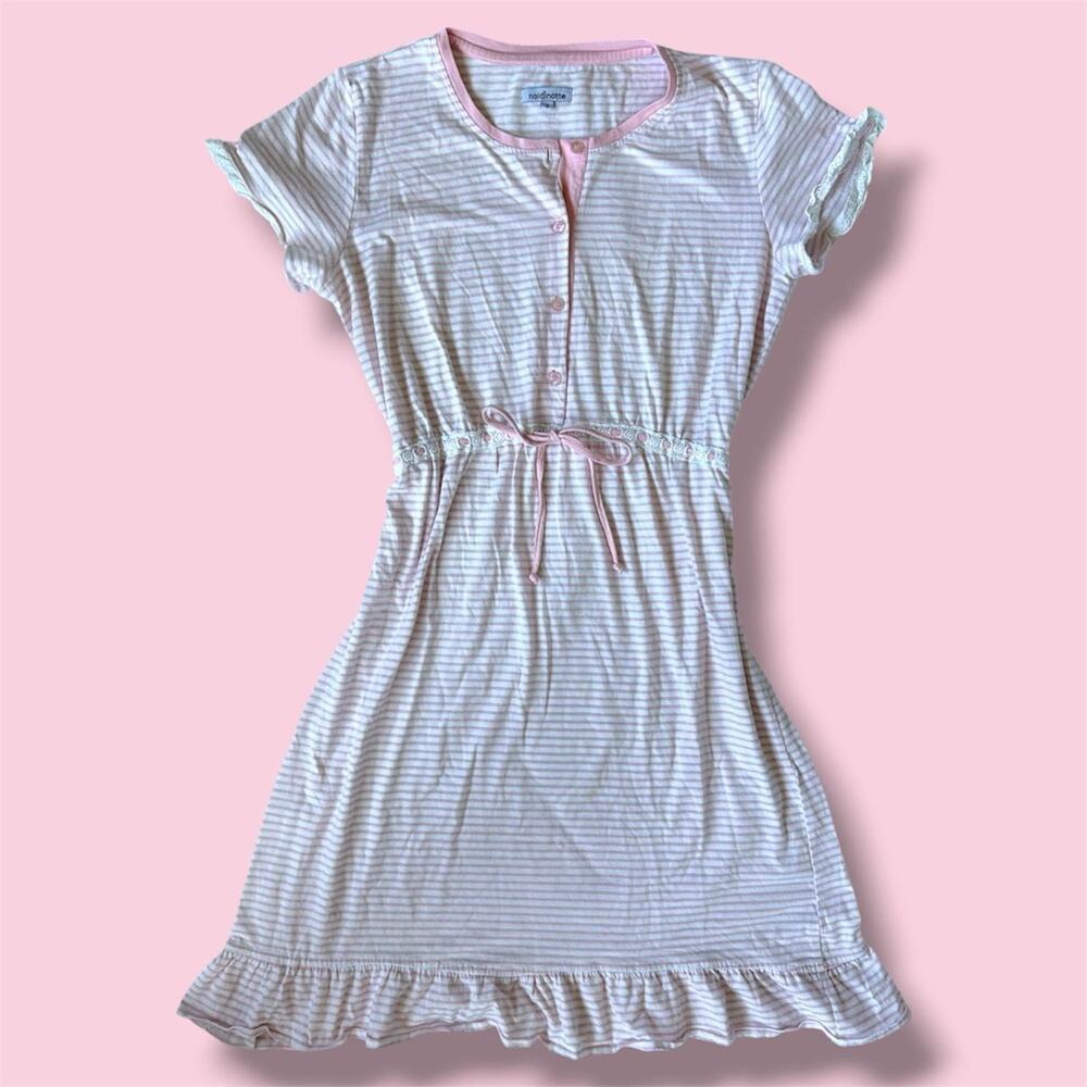 Euro Y2K white/pink striped babydoll dress with ruffle trim and tie waist